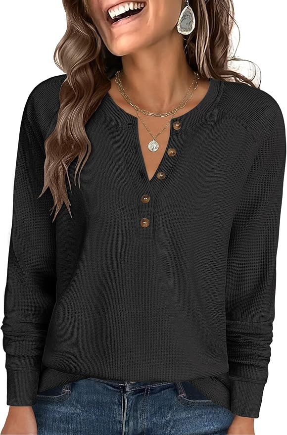 ANRABESS Women's Long Sleeve Waffle Knit Shirts Dressy Casual Loose Button Up V Neck Henley Tops ... | Amazon (US)