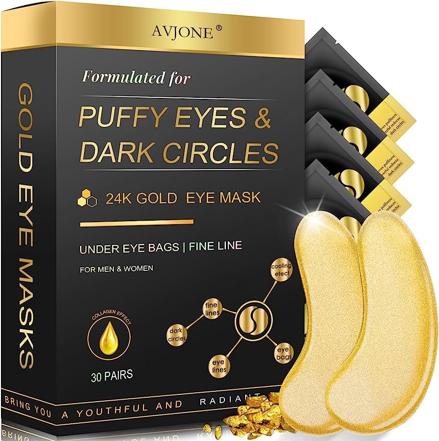 AVJONE 24K Gold Eye Mask- 30 Pairs - Puffy Eyes and Dark Circles Treatments – Relieve Pressure ... | Amazon (US)