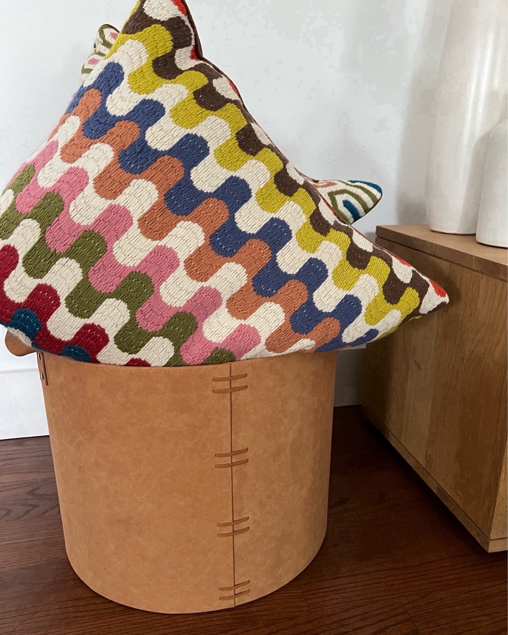 Faux leather storage basket w Jonathan Adler throw pillows

#LTKSaleAlert #LTKHome #LTKFindsUnder100