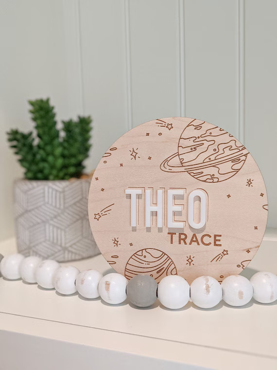Space Planets Custom Engraved Wooden Baby Name Birth - Etsy | Etsy (US)
