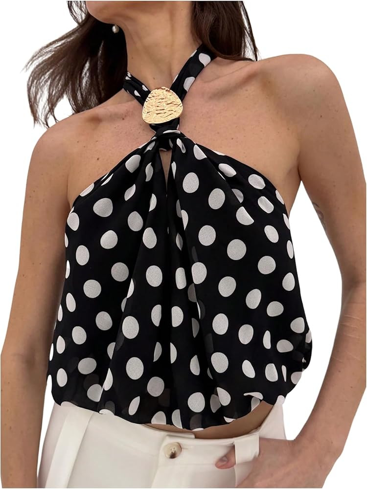 MakeMeChic Women's Polka Dots Halter Crop Tops Metal Open Back Sleeveless Going Out Top | Amazon (US)