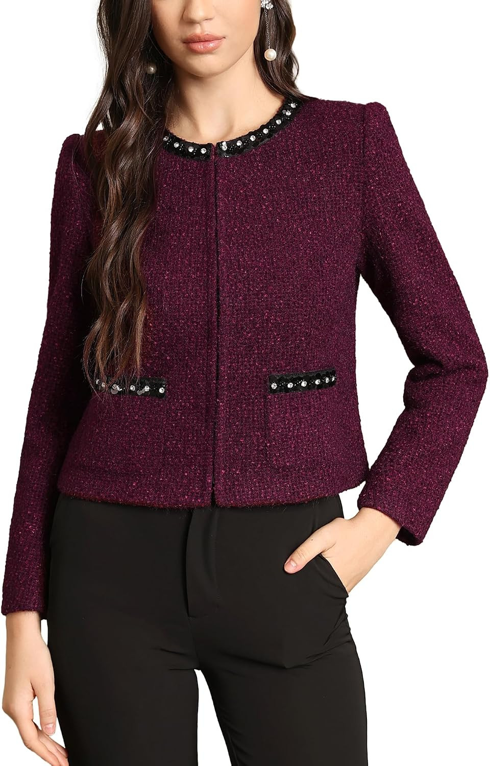 Womens Sequin Crew Neck Tweed Jackets Blazer Party Business Casual Hooking Closure Outfit | Amazon (US)