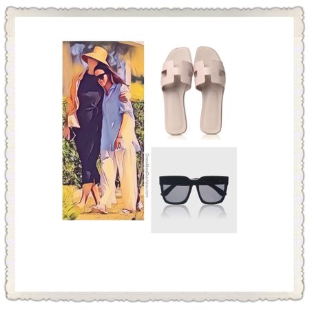 Meghan Markle believed to be wearing Hermes oran cream colored sandals and Heidi Merrick Santa Barbara sunglasses 