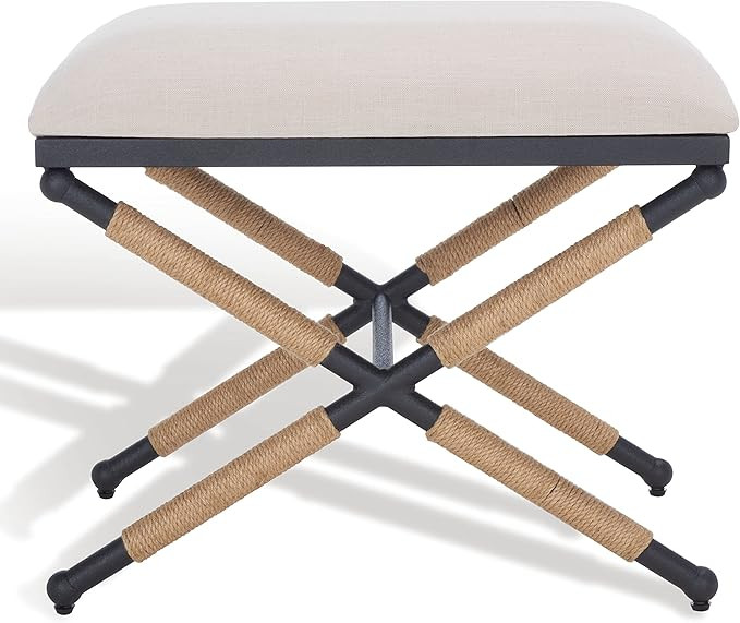 SAFAVIEH Couture Collection Carmelo Coastal Beige Linen/Black Hemp Wrapped Ottoman | Amazon (US)