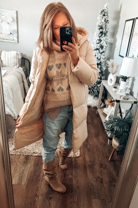 This puffer long coat matches this sweater perfectly! Use code NOVEMBER20 or DECEMBER20 for 20% off. Mom jeans from American Eagle are 40% off. Size up for a looser fit. 

Winter outfit, winter boots, puffer coats, sweaters, winter outfit, casual outfit, holiday, Christmas, over 40, sale, boots, Steve Madden

#LTKHoliday #LTKfindsunder50 #LTKsalealert