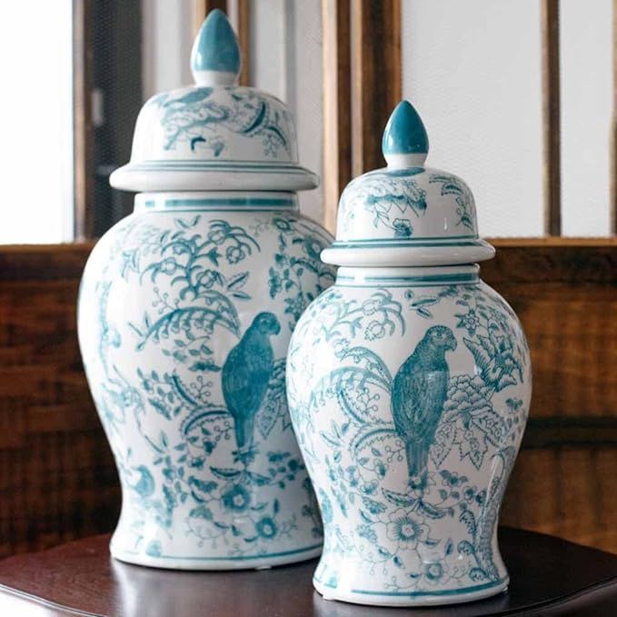 Teal Parrot Floral Chinoiserie Ceramic Ginger Jar w/ Lid, Modern Temple Jar Vase, Traditional Chi... | Amazon (US)
