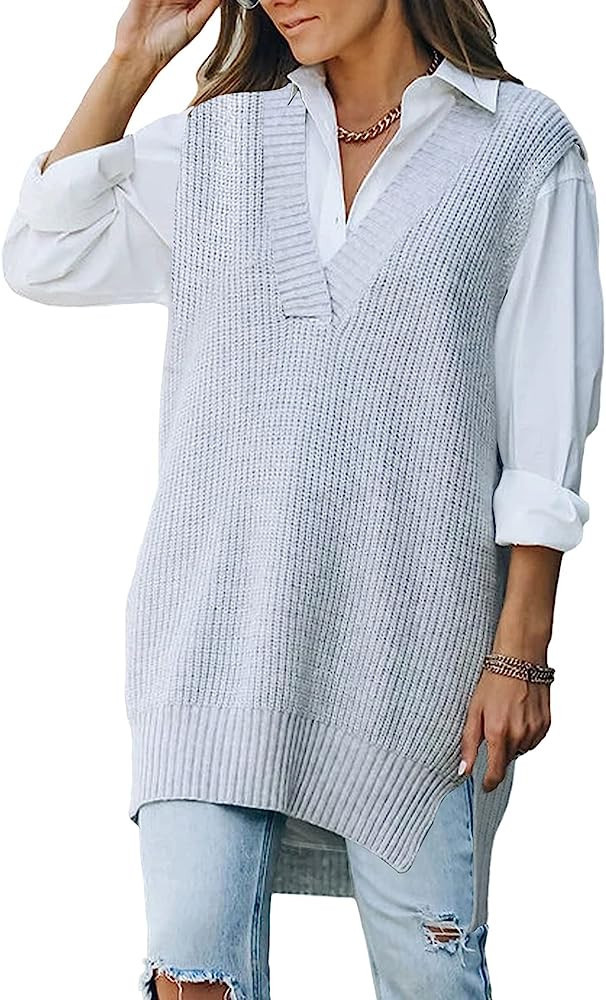 Kisscynest Women's Oversized V Neck Knitted Sweater Vest Casual Loose Sleeveless Sweater Pullover | Amazon (US)