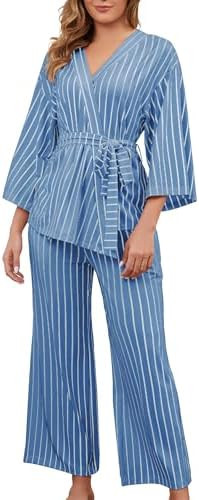 VibeVista Striped Pajamas for Women Set Kimono Lounge Sets 2 Piece Long Sleeve Pajama Tops and Pa... | Amazon (US)