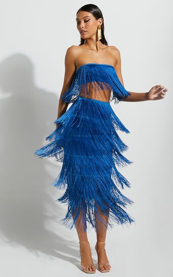 Amalee Fringe Strapless Crop Top and Midi Skirt Two Piece Set in Cobalt Blue | Showpo (US, UK & Europe)