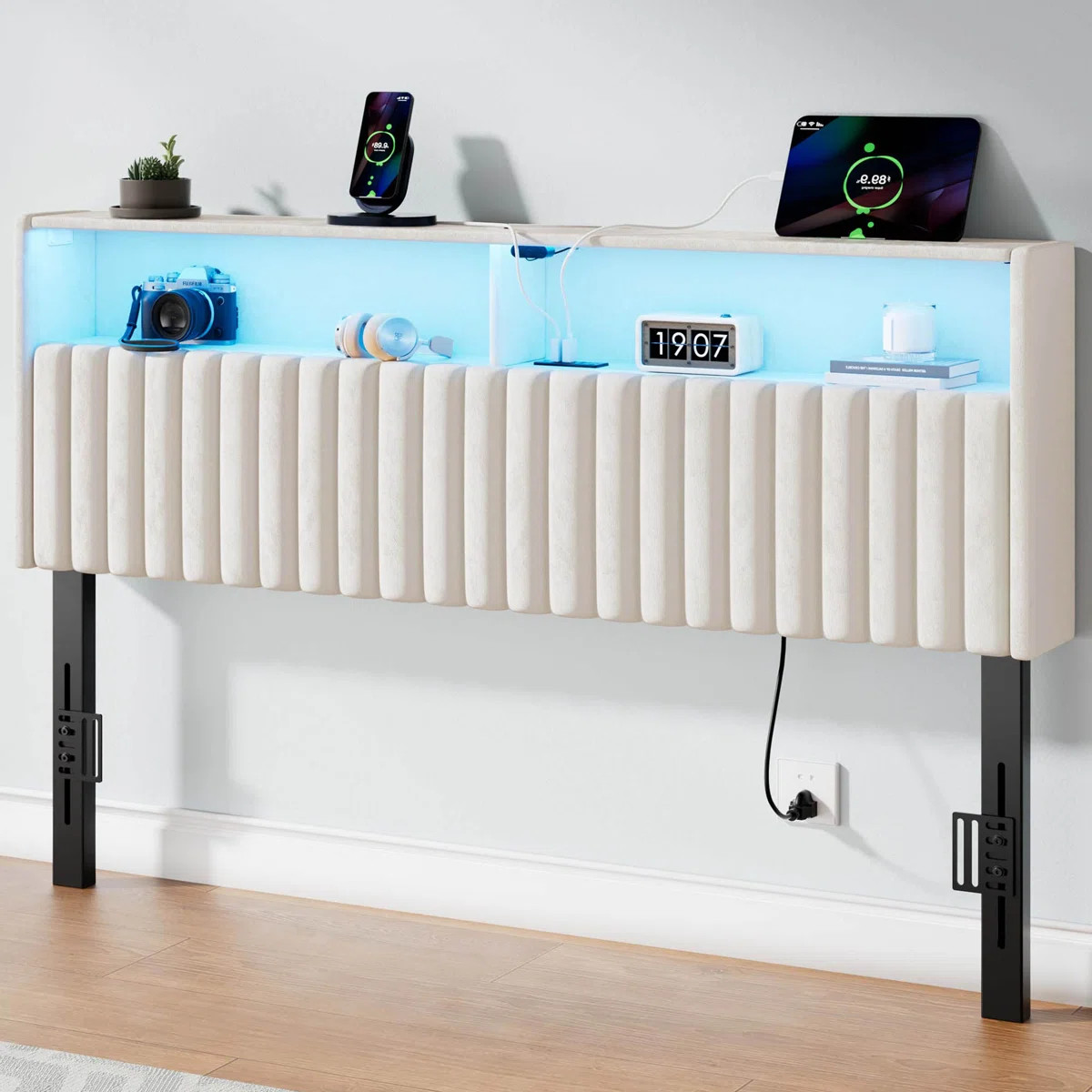 Berte Storage Upholstered Headboard With RGB LED Lights & Charging Station | Wayfair North America