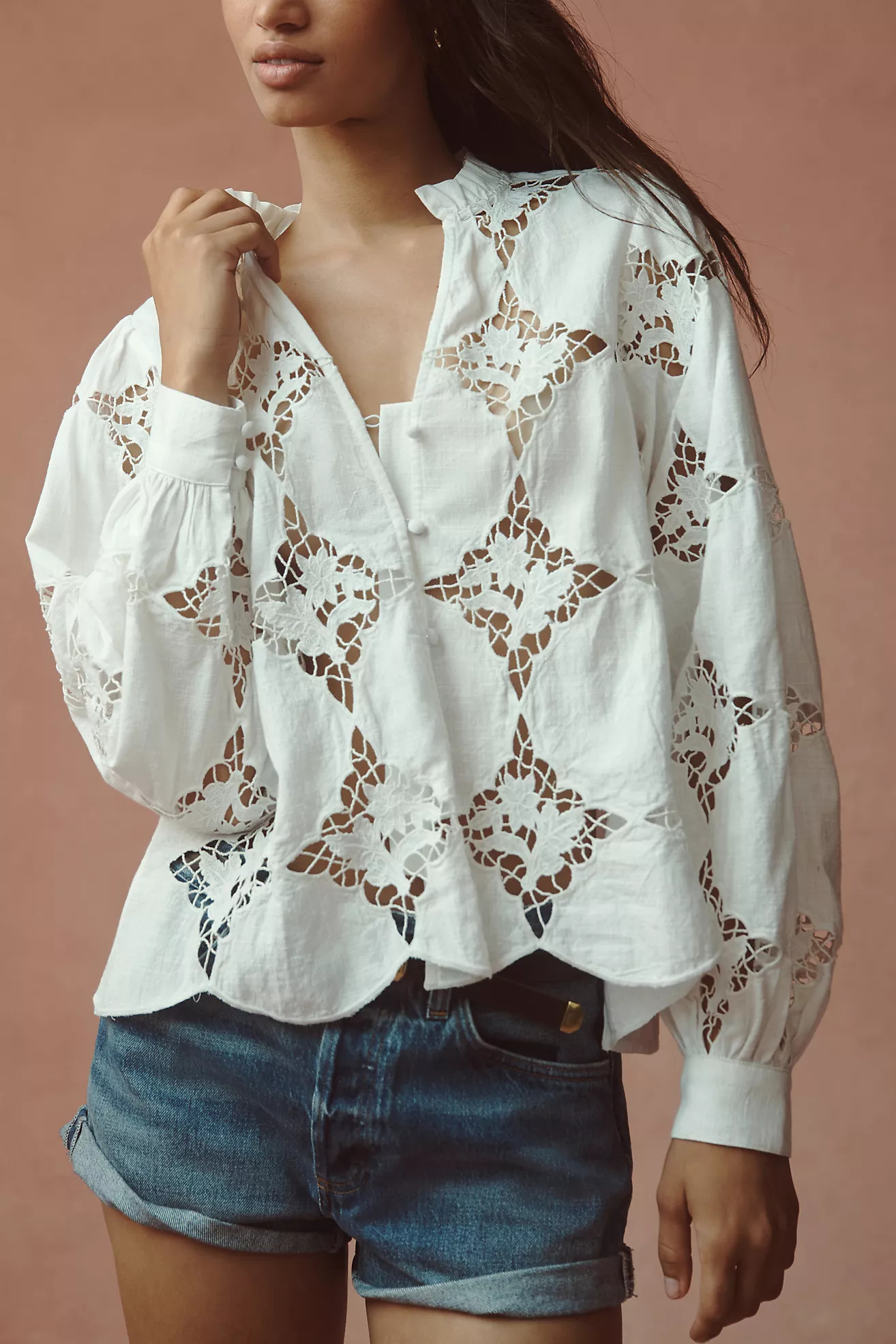 By Anthropologie Long-Sleeve Cutwork Henley Blouse | Anthropologie (US)