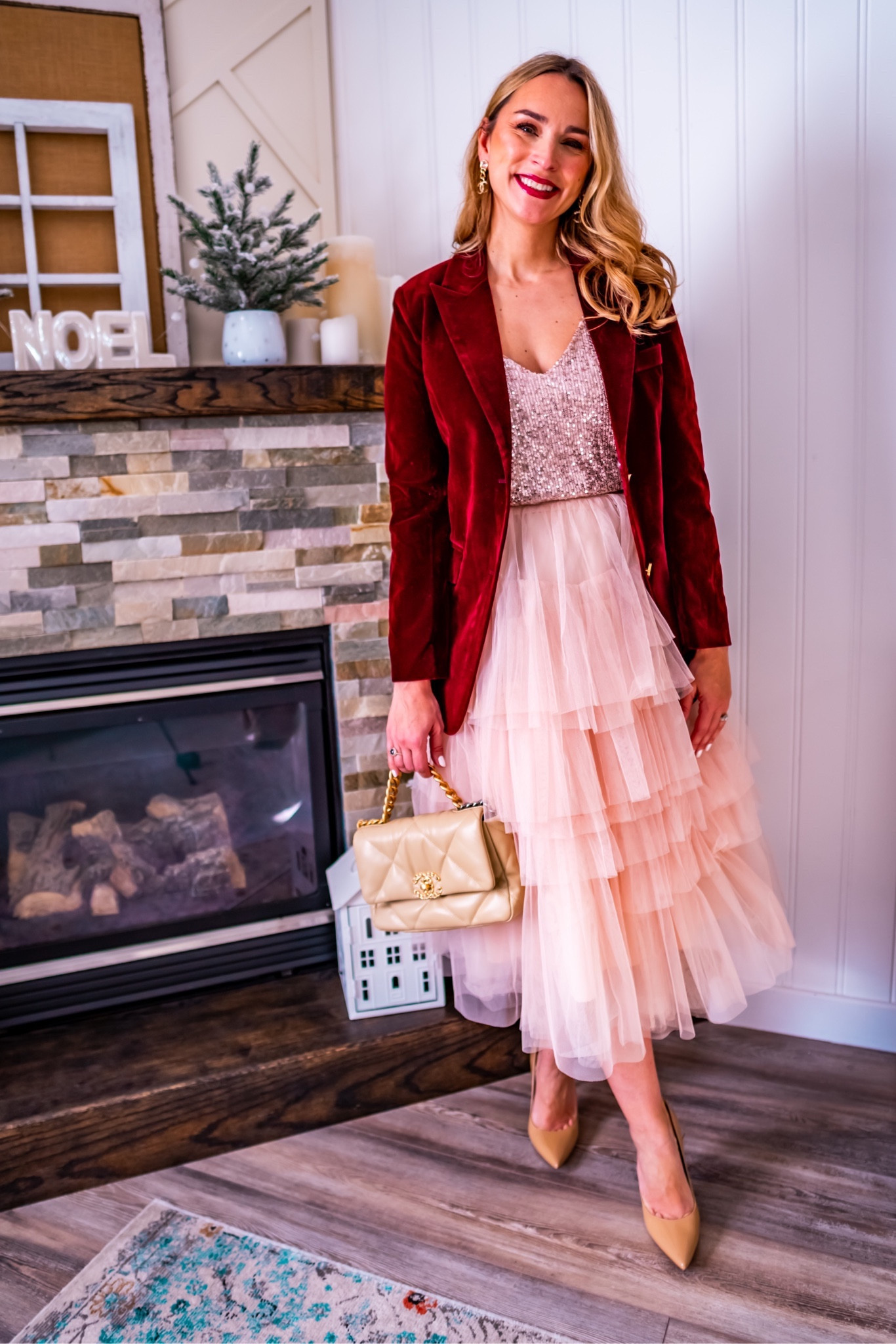 Christmas outfit idea - festive outfit for women. Velvet blazer, tulle skirt, sequin top, high heels  

#LTKSeasonal #LTKstyletip #LTKHoliday