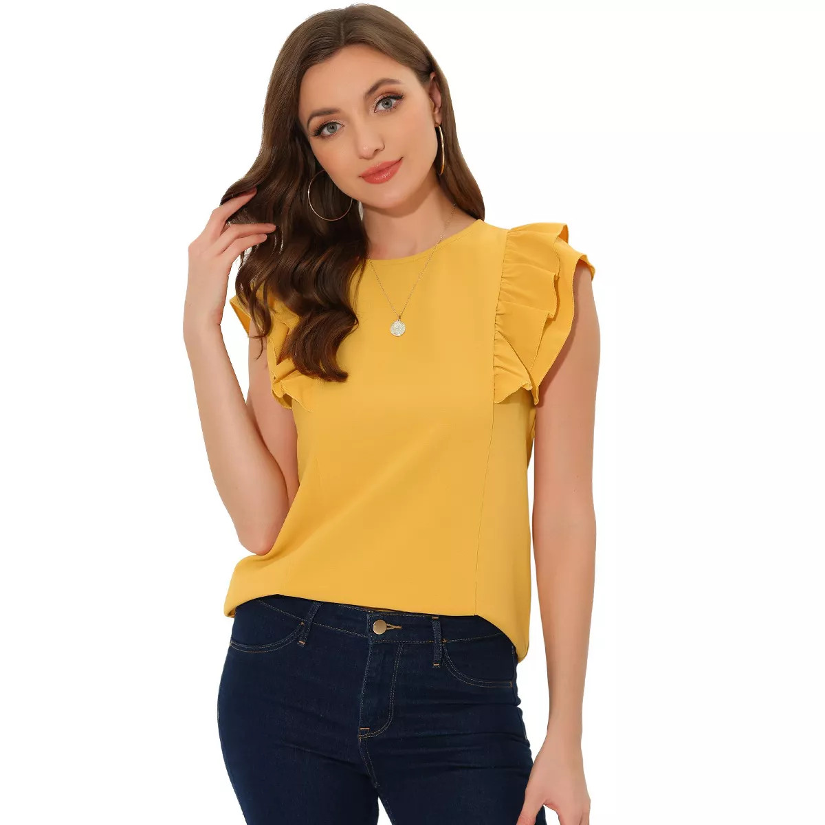 Allegra K Women's Ruffle Round Neck Cap Sleeve Tops | Target