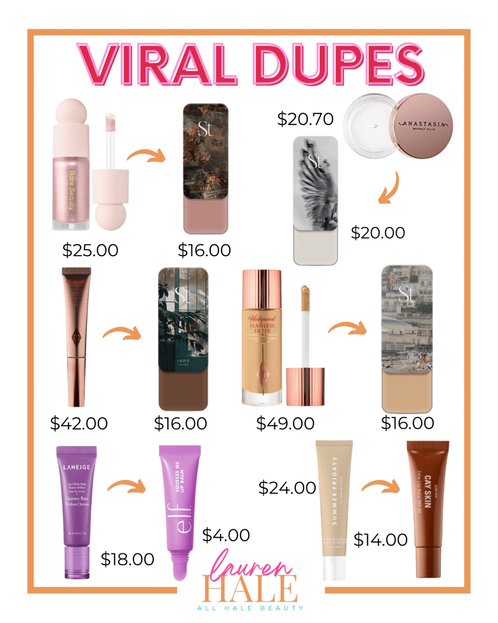 Viral makeup dupes that you need!! Look at how much more affordable these dupes are 🤩👏 
Shop all viral dupes at: www.laurenhalebeauty.com

Viral dupes  makeup  beauty  Ulta  Sephora  makeup finds  beauty finds  laneige  elf cosmetics 

#LTKunder50 #LTKbeauty