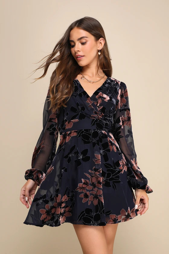 Stunning Feeling Navy Blue Velvet Floral Burnout Mini Dress | Lulus