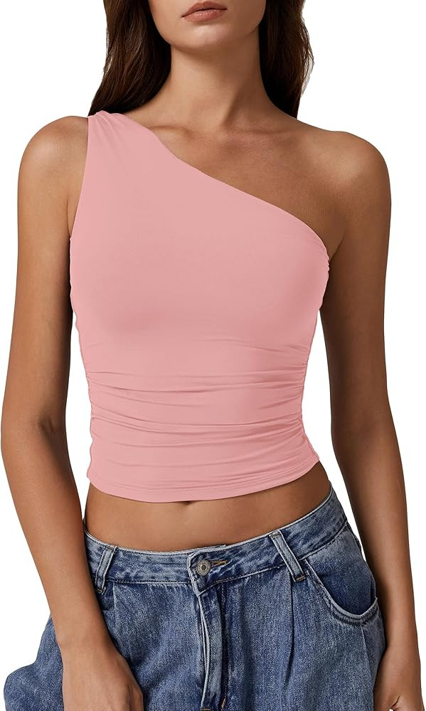 QINSEN Women's One Shoulder Tank Tops Double Lined Sleeveless Slim Fit Cropped Tee Shirt Y2k Tops | Amazon (US)