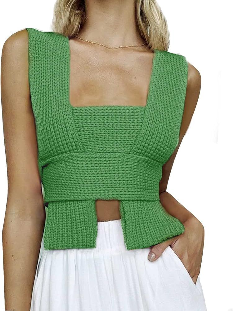 Rteyno Women's Knit Crop Tops Sleeveless Sweater Vest DIY Backless V-Neck Streetwear Jumper Tank ... | Amazon (US)