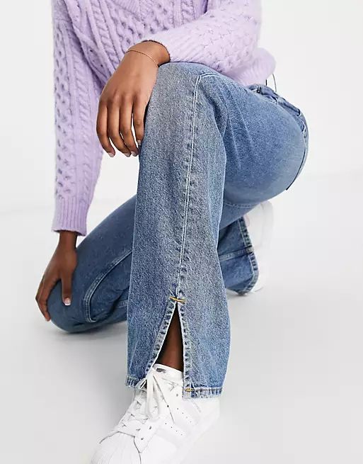 Pull&Bear Tall 90s straight leg jean with split hem in blue | ASOS (Global)