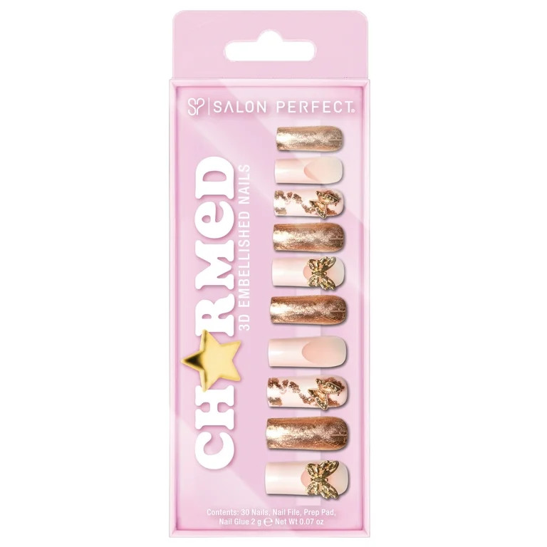 Salon Perfect Artificial Fake Press Ons, 418 Charmed, Gold Butterfly, Long Square, File, Glue and... | Walmart (US)