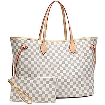 Womens Classic Canvas Neverfull Top-Handle Tote Bag Large Capacity Checkered Shoulder Bag with Pi... | Amazon (US)