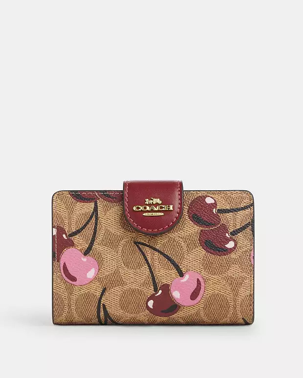Medium Corner Zip Wallet In Signature Canvas With Cherry Print | Coach Outlet US