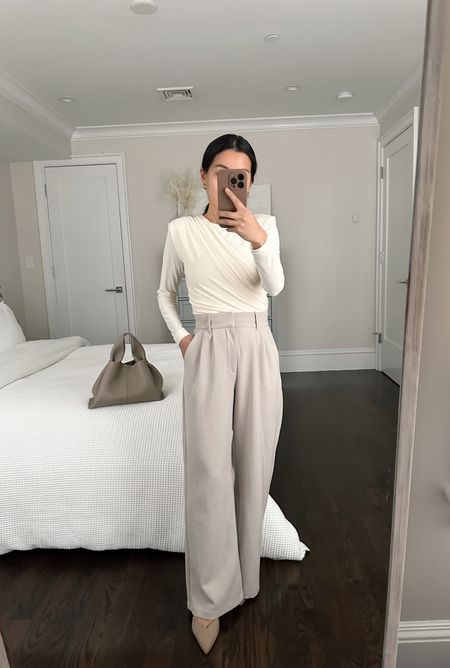 Top is on sale for 50% off! neutral workwear // cream & beige tonal business attire 

•Express draped top xxs - so cute. Have the sleeves folded under a bit 
•Abercrombie trousers Xs short . Also linked a great pair of black drapey trousers available  in Short from express 
•H&M slingbacks sz 5, current styles linked 
•Polene bag 