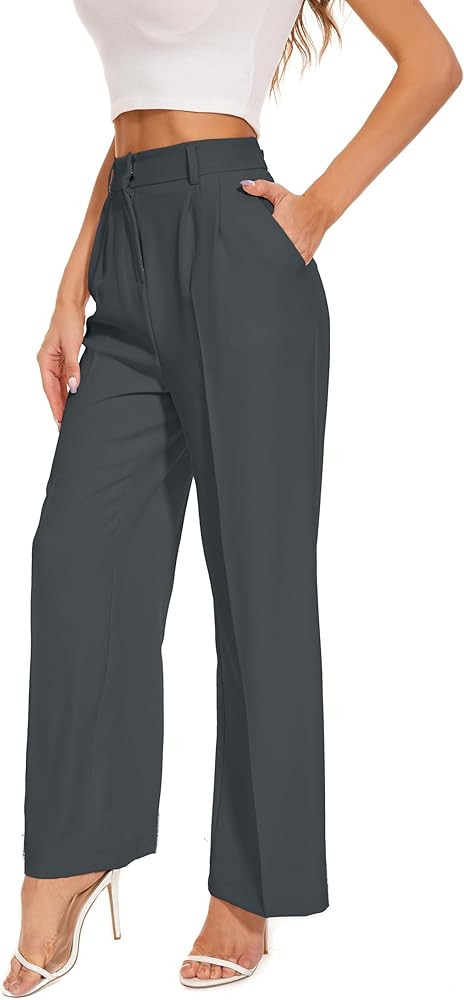 FUNYYZO Wide Leg Pants High Elastic Waisted in The Back Long Straight Suit Pants | Amazon (US)