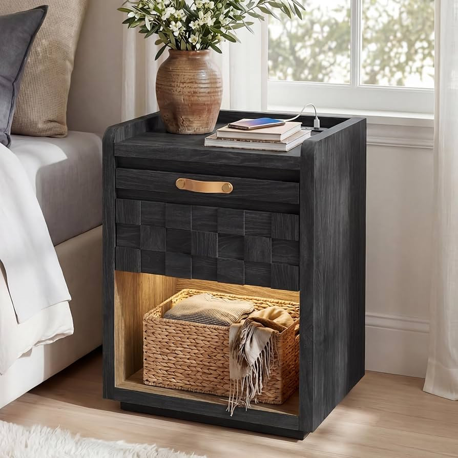 Night Stand with Charging Station, Modern Nightstands with Led Lights, Wooden Bedside Side Table ... | Amazon (US)