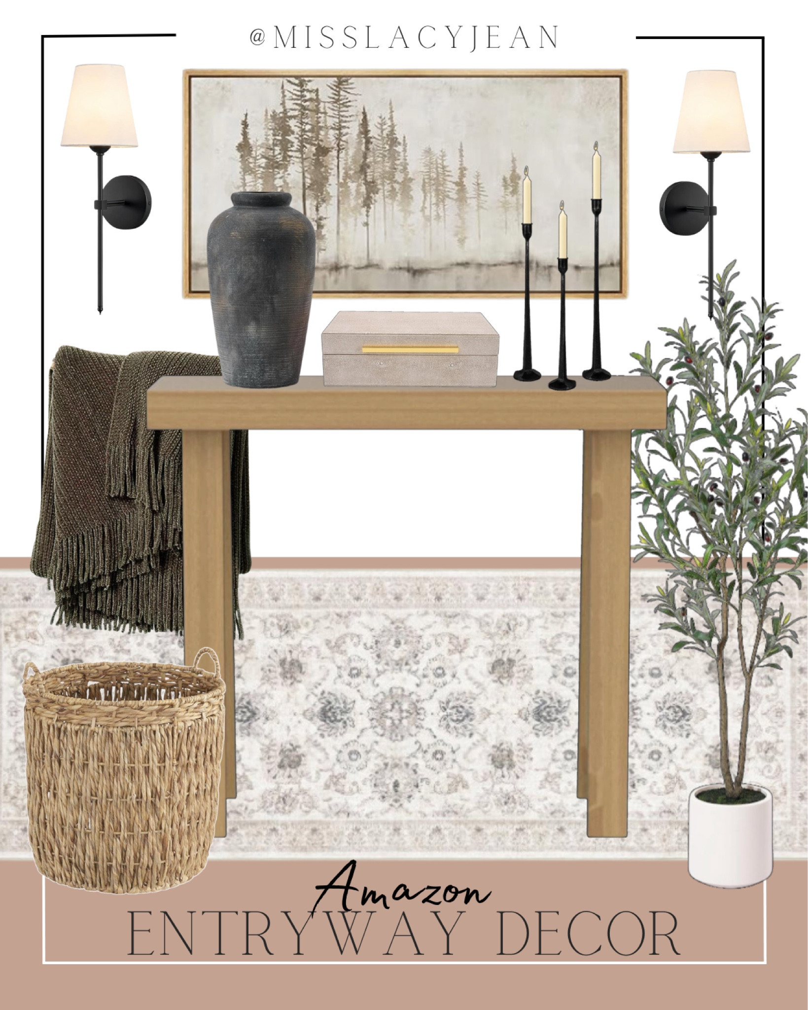 Entryway decor includes console table, faux tree, runner rug, basket, throw blanket, decorative box, candlestick holder, vase, wall art, and sconces. 

Entryway decor, styled home, styled entryway, home decor, styled home

#LTKStyleTip #LTKFindsUnder100 #LTKHome