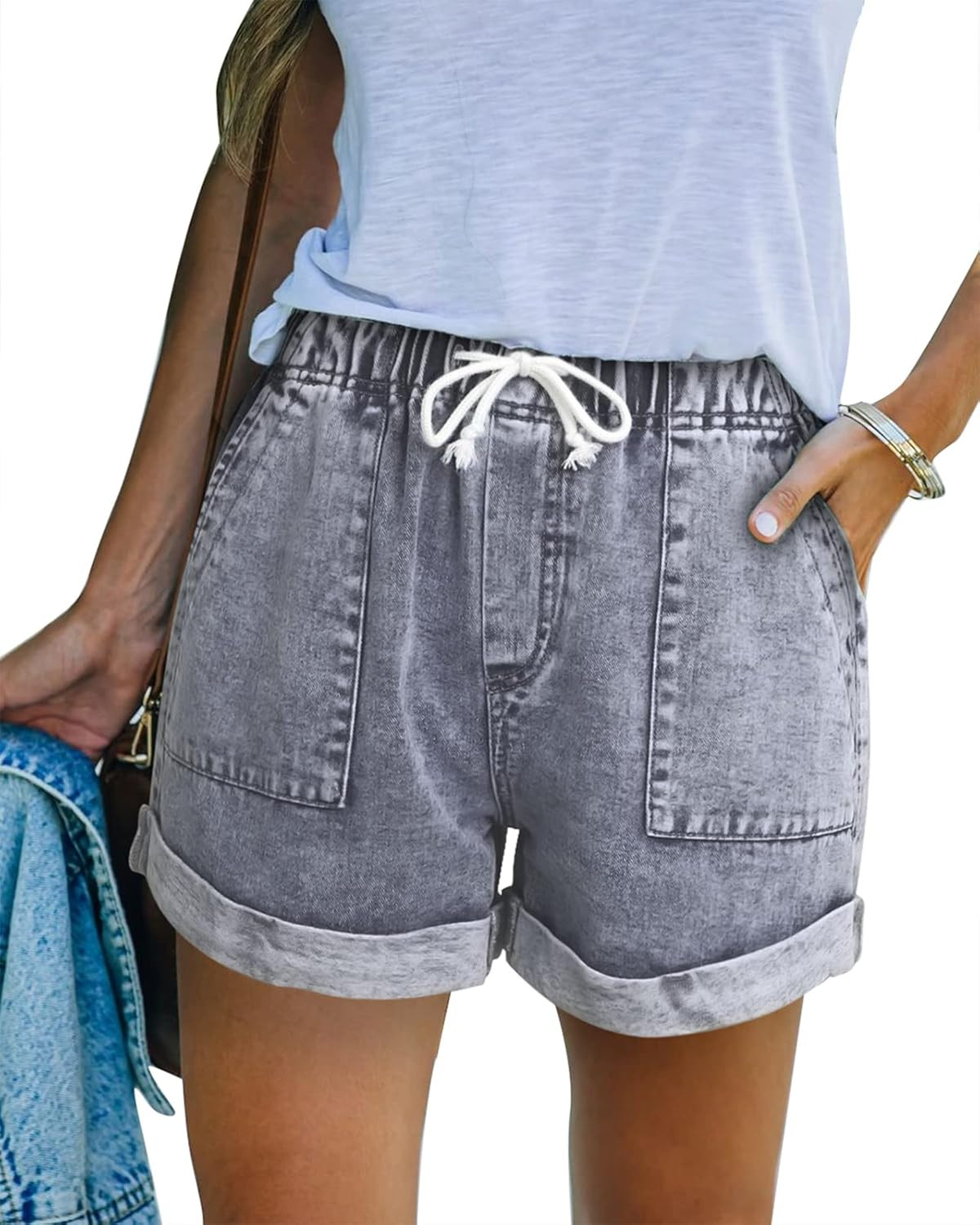 BTFBM Women Denim Shorts Elastic Waist Summer Drawstring Solid Folded Hem Casual Jeans Shorts Lou... | Amazon (US)