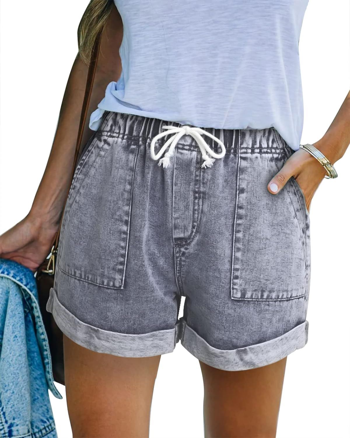 BTFBM Women Denim Shorts Elastic Waist Summer Drawstring Solid Folded Hem Casual Jeans Shorts Lou... | Amazon (US)