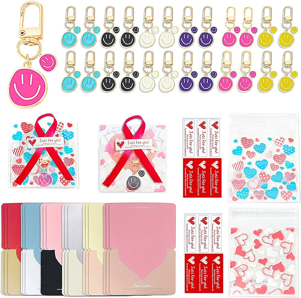 Daphilly 120Pcs Cartoon Smile Face Keychain with Heart Shape Greeting Cards for Valentines Day, C... | Amazon (US)