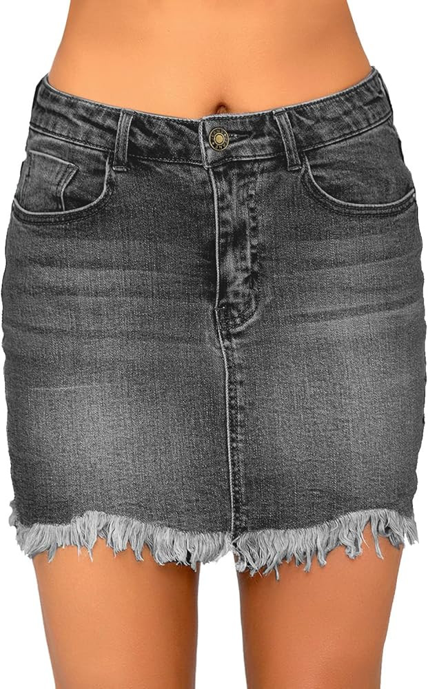 luvamia Women's Casual Mid Waisted Washed Frayed Pockets Denim Jean Short Skirt | Amazon (US)