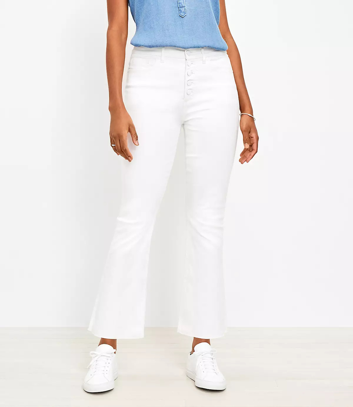 Curvy Frayed Button Front High Rise Kick Crop Jeans in White | LOFT