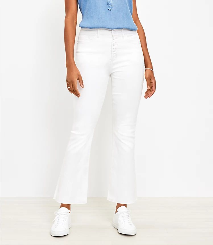 Curvy Frayed Button Front High Rise Kick Crop Jeans in White | LOFT