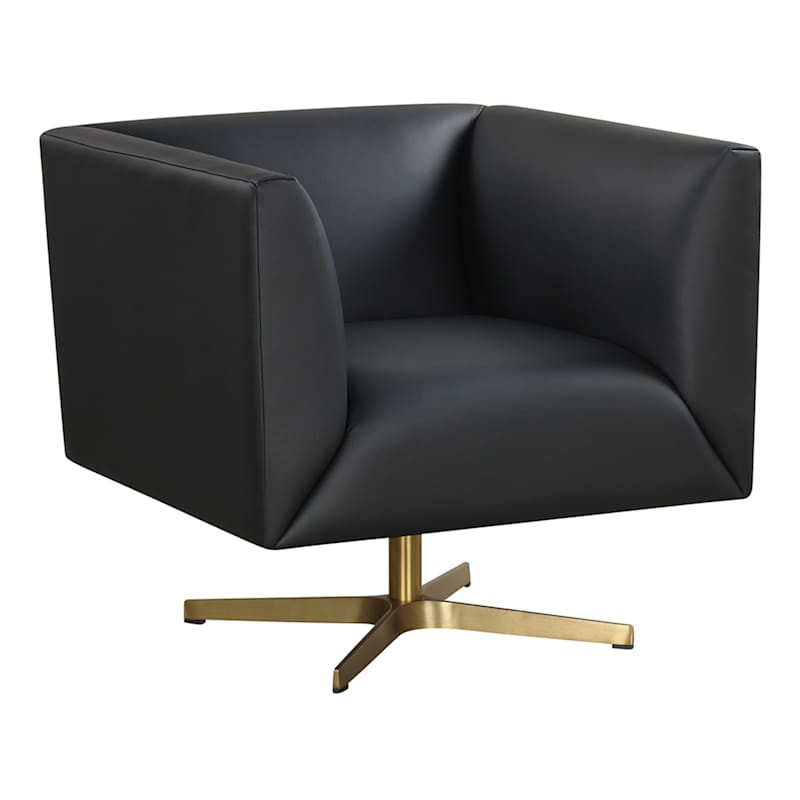 Duke Genuine Leather Swivel Accent Chair, Black | At Home