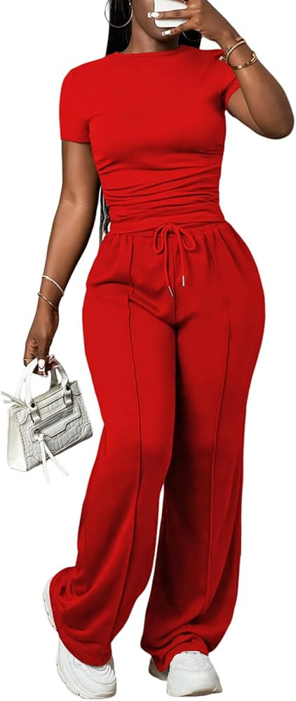 PINSV Women's 2 Piece Outfits Lounge Sets Ruched Short Sleeve Tops and Wide Leg Pants Tracksuit | Amazon (US)
