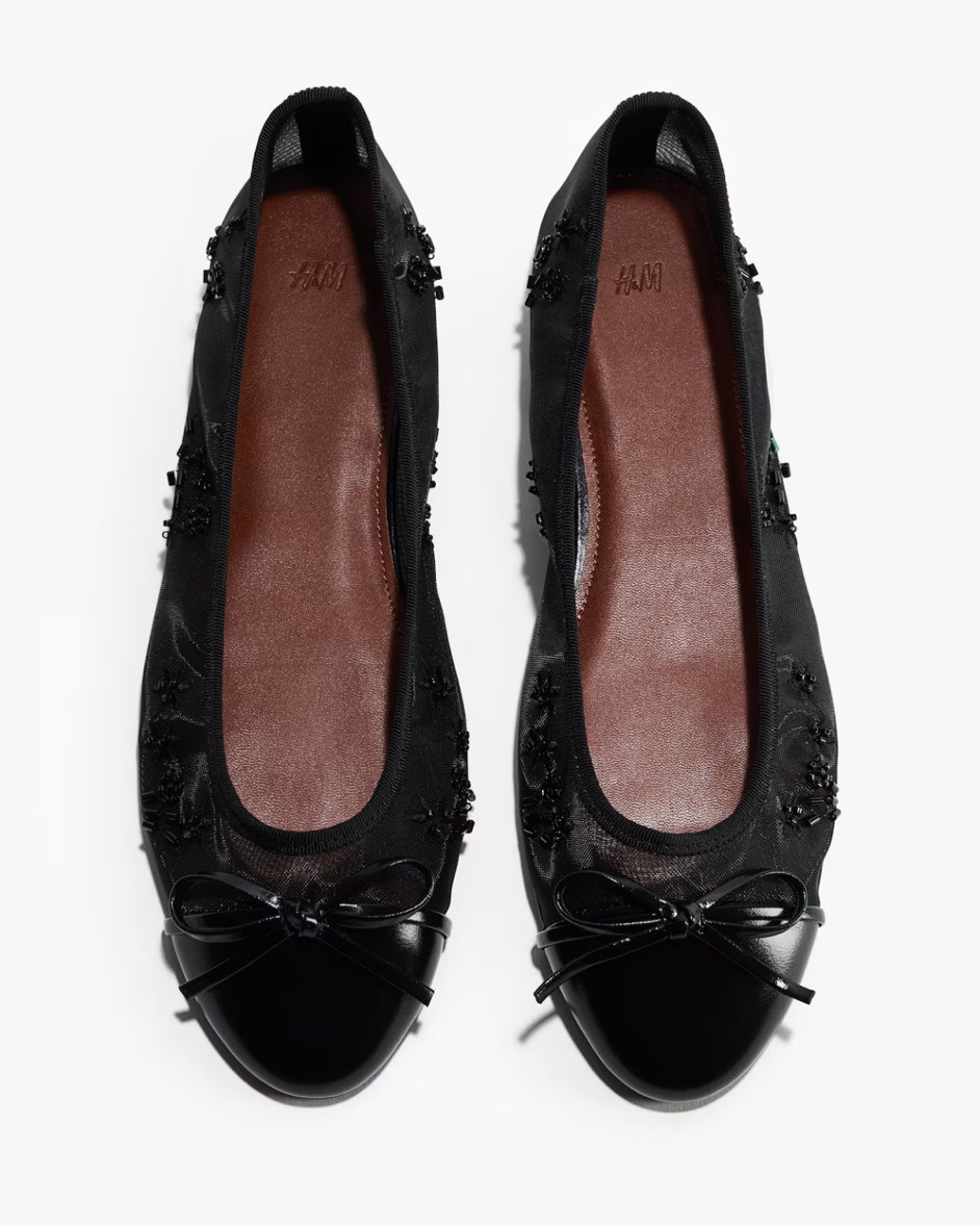 Beaded mesh black toe cap ballet flats
