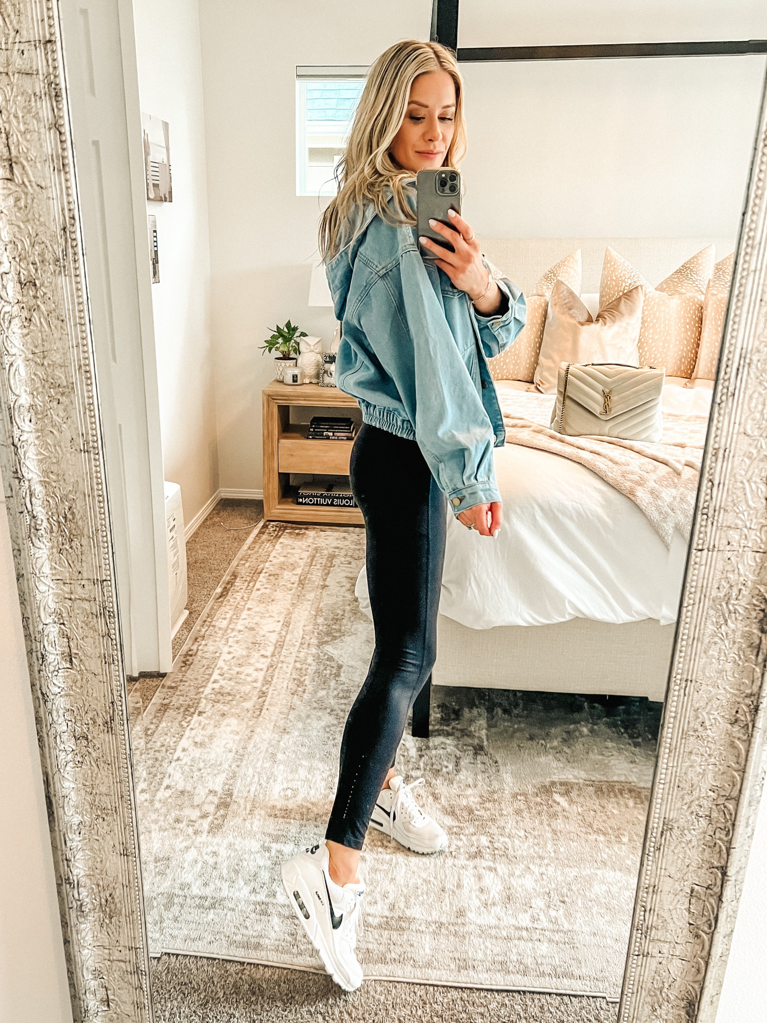 Love that this denim jacket has a hood 🙌🏼 paired it with the best leggings and comfiest air max sneaks. Spring outfit idea. Casual outfit idea  

#LTKunder100 #LTKFind #LTKshoecrush