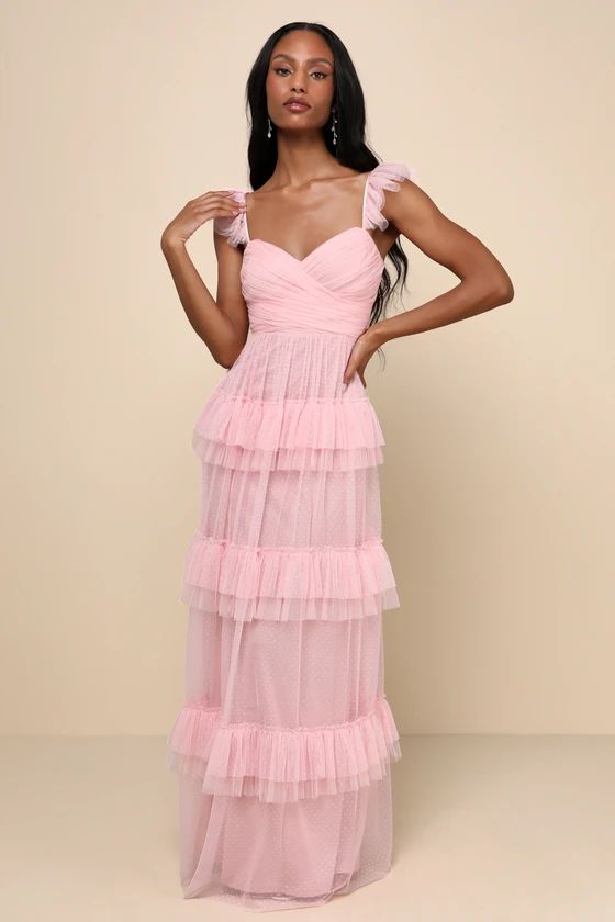 Pure Radiance Pink Mesh Swiss Dot Backless Tiered Maxi Dress | Lulus