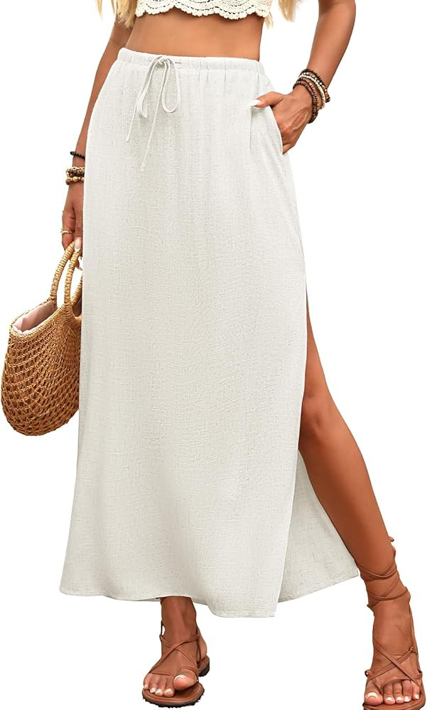ELLEVEN Linen Straight Maxi Skirt with Side Slit - Elastic Waist Drawstring Long Flowy Ankle-Leng... | Amazon (US)