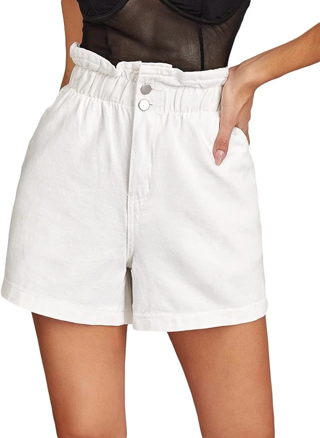 Milumia Women's Paperbag Waist Button Front Wide Leg Denim Shorts Jeans with Pocket | Amazon (US)