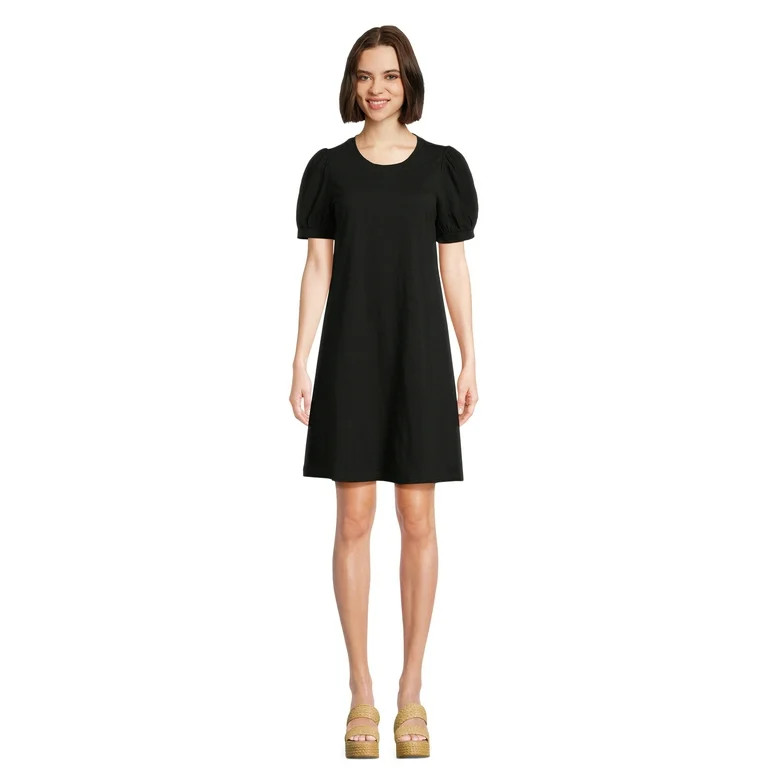 Time and Tru Women's Cotton A-Line Dress with Puff Sleeves, Sizes XS-XXXL | Walmart (US)