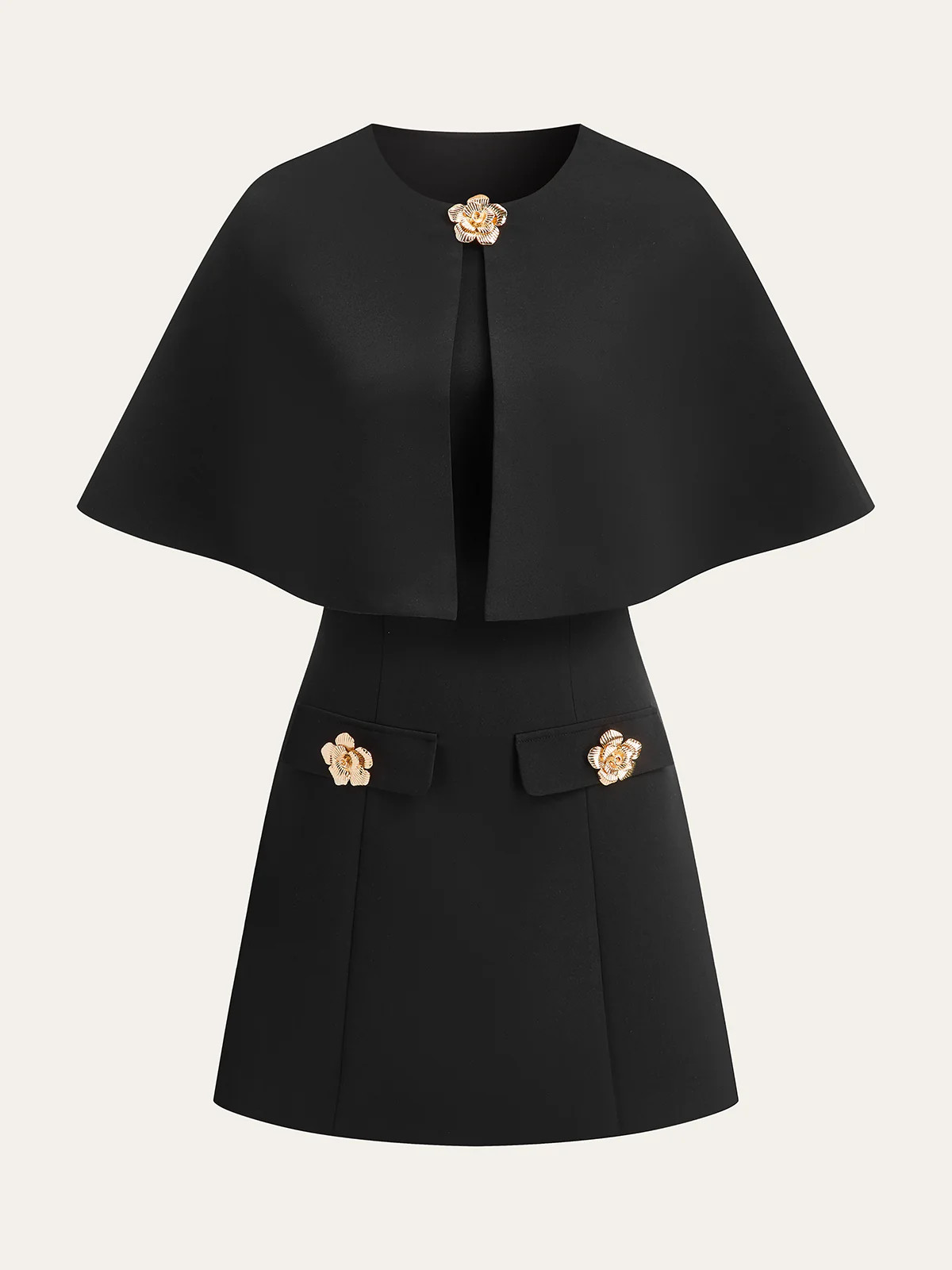 Detachable Cape Metal Floral Detail Dress Set | Commense