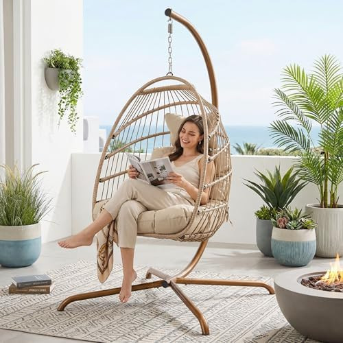 BULEXYARD Hanging Egg Chair with Stand, 350 Lbs Capacity Boho Wicker Egg Swing Chair with Cozy Tu... | Amazon (US)