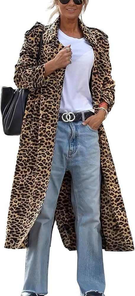 Women's Notched Lapel Faux Suede Pea Coat Loose Leopard Duster Trench Coats | Amazon (US)