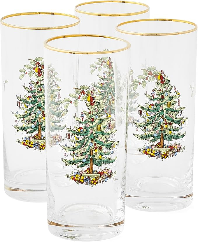 Spode Christmas Tree 15oz Highball Glasses, Set of 4 - Gold-Rimmed Elegant Holiday-Themed Glasswa... | Amazon (US)