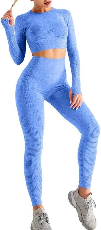 HYZ Women's Seamless 2 Piece Outfits Workout Long Sleeve Crop Top High Waist Yoga Legging Sets | Amazon (US)