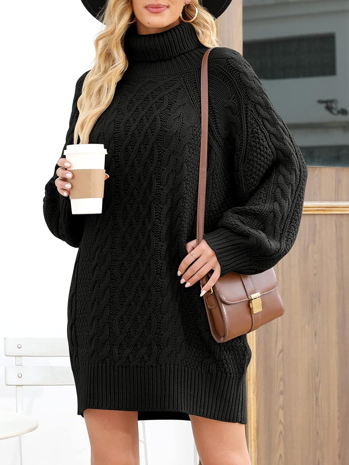 ANRABESS Women Turtleneck Long Sleeve Oversized Cable Knit Chunky Pullover Short Sweater Dresses | Amazon (US)