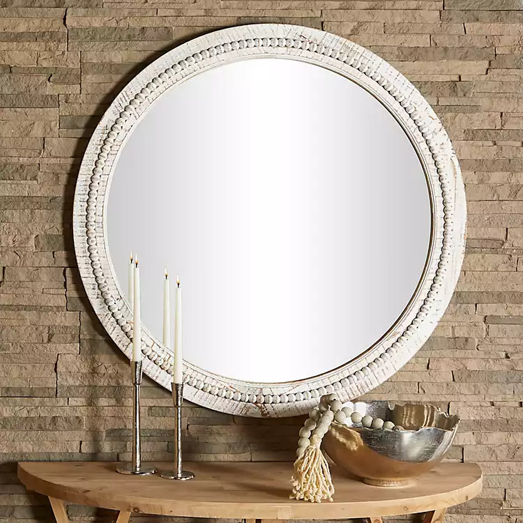 New! Round Whitewash Beaded Wall Mirror | Kirkland's Home